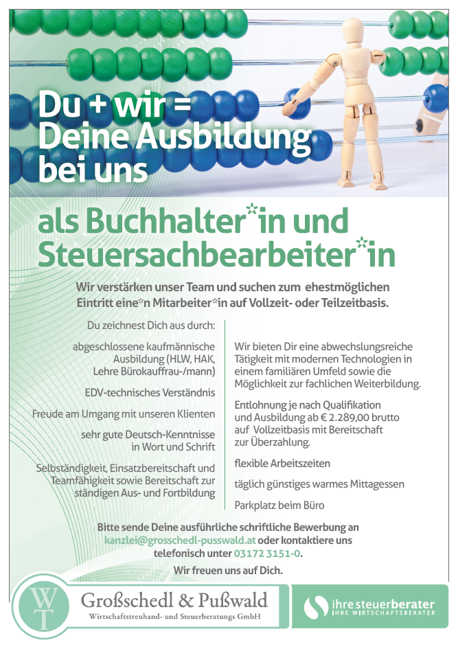 Inserat Ausbildung als Buchhalter*in und Steuersachbearbeiter*in