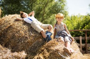 © ulza - stock.adobe.com Foto: Zwei Kinder sitzen auf Heuhaufen